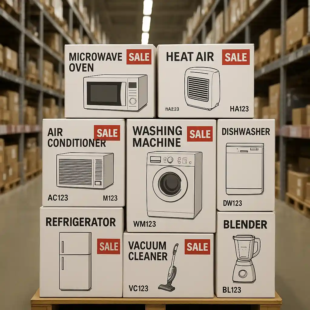 Boxes of appliances stacked in a store aisle showing model labels and sale tags