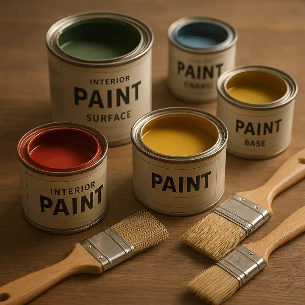Close-up of paint cans, brushes, and rollers on a table ready for a painting project