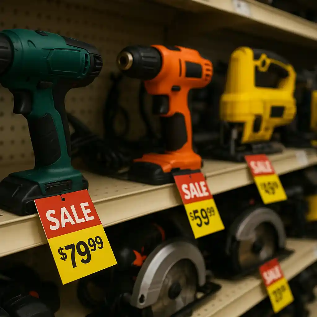 discounted power tools displayed with sale tags on a hardware store shelf