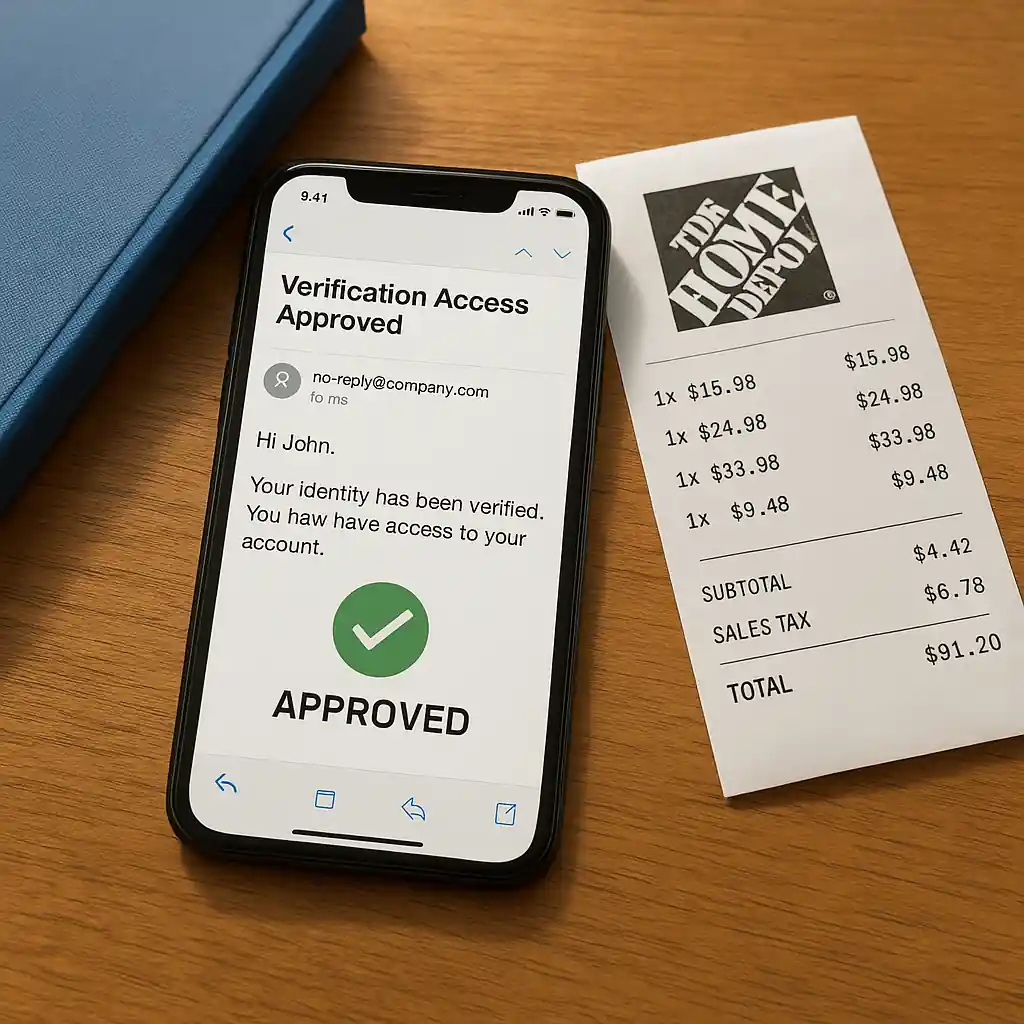 Phone displaying educator verification approval beside Home Depot receipt and school supplies