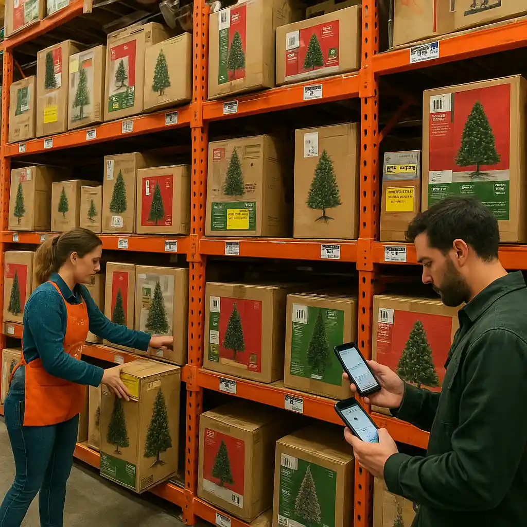 Home Depot store aisle with Christmas clearance boxes and clearance price tags