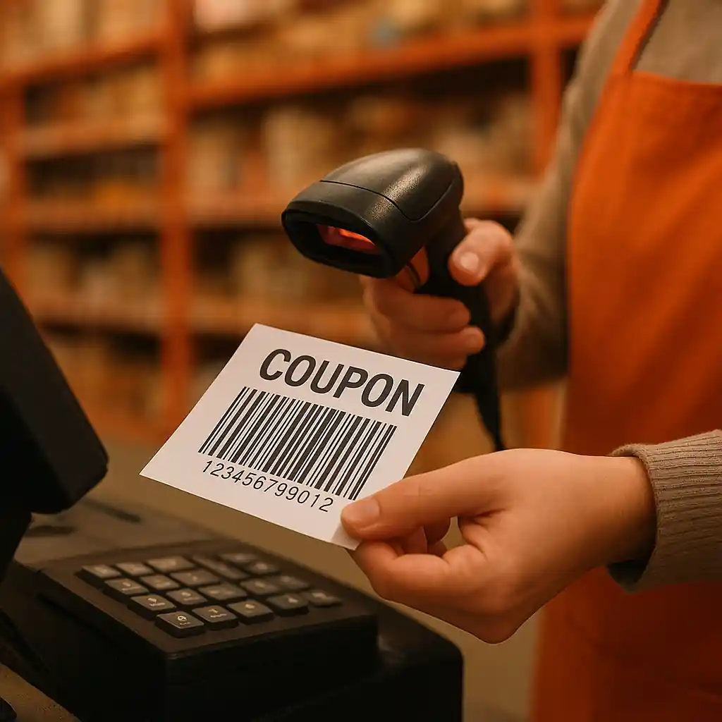 Cashier scanning a paper coupon at checkout near store shelving