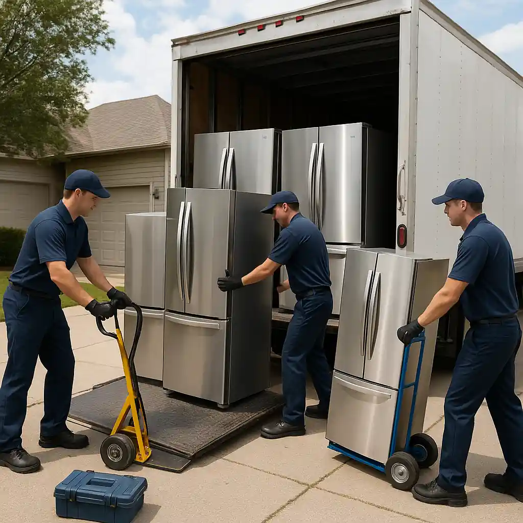 Delivery crew loading matching refrigerators representing pro appliance bundles and Home Depot appliance discount advantages