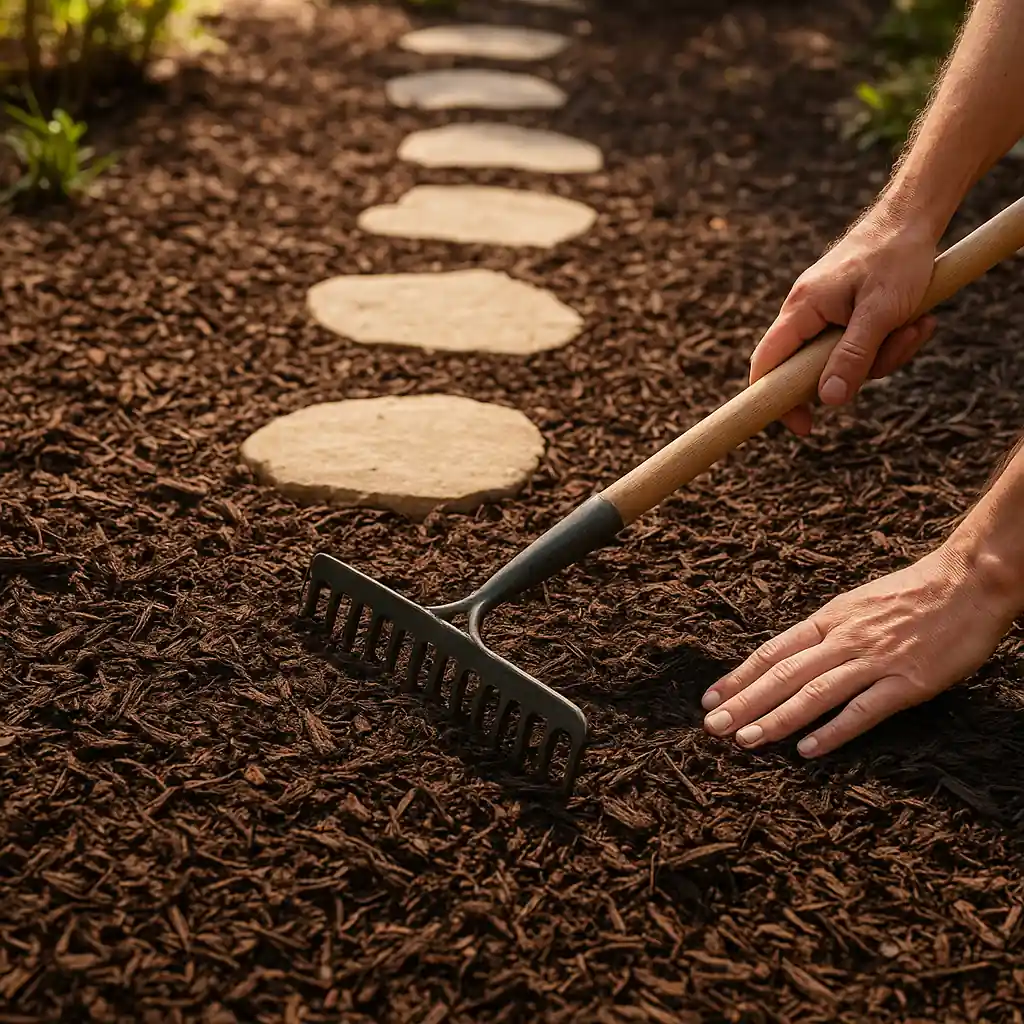 Garden path using shredded hardwood mulch and stepping stones