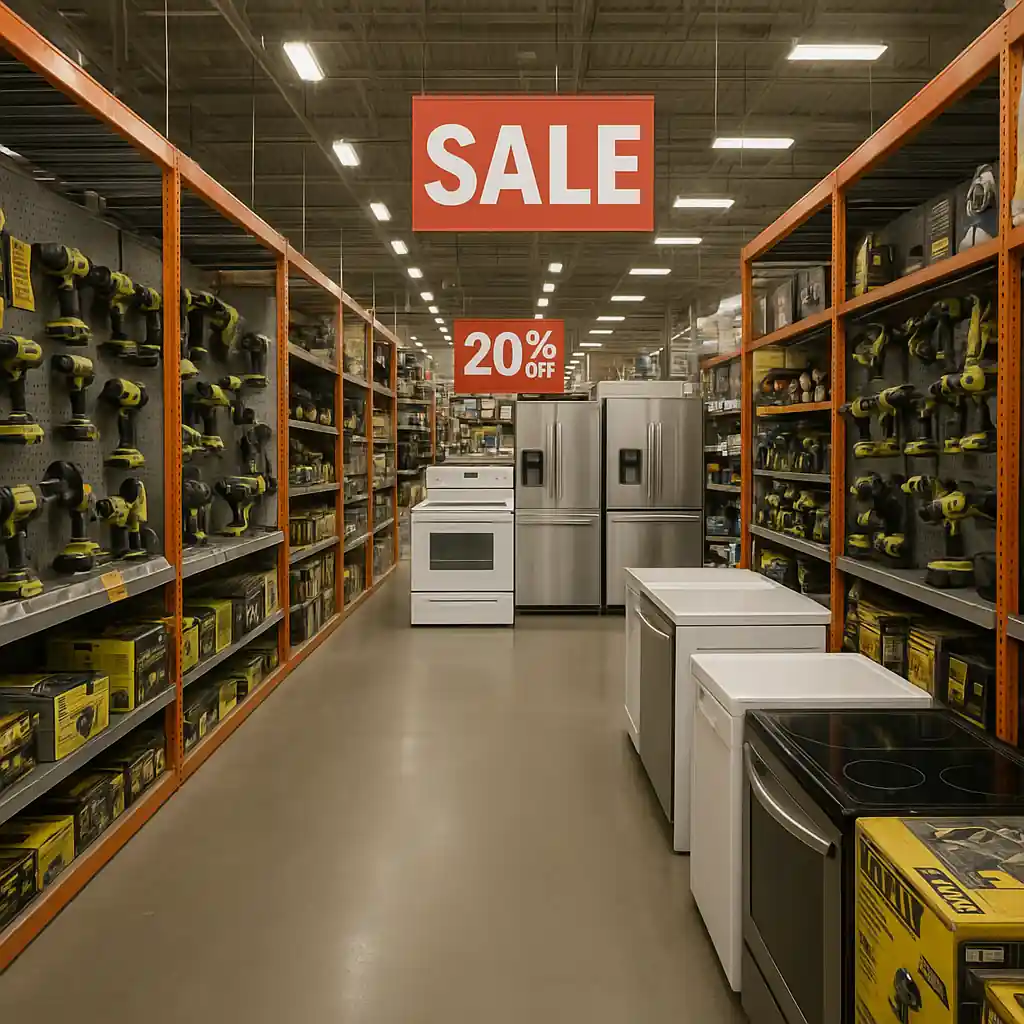 Lowe's store aisle with tools and appliances on sale