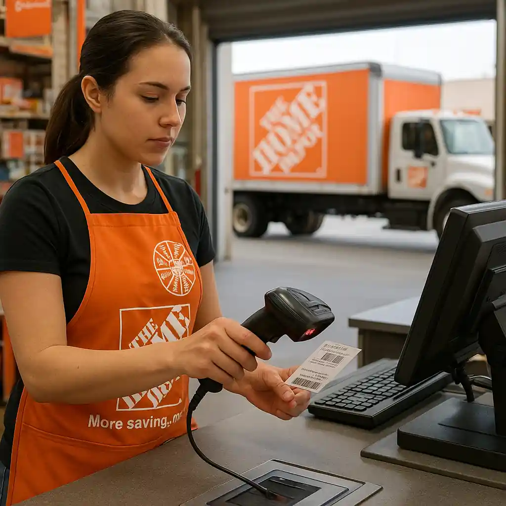 Cashier scanning a Home Depot 10 off coupon at checkout