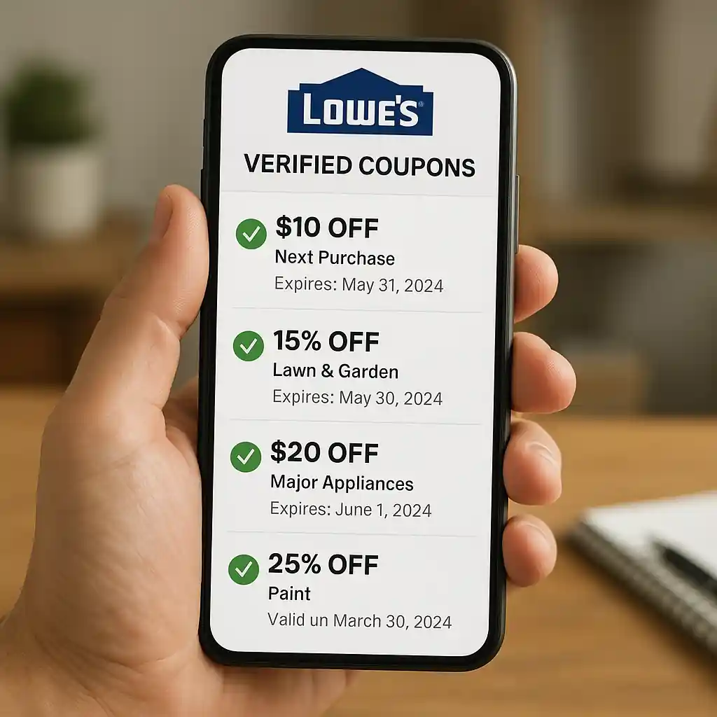 Smartphone screen showing Lowes promo code 2026 details and expiry date in a living room setting