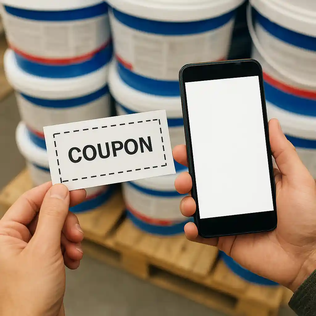 Printed coupon and digital coupon held next to paint buckets during a Home Depot paint sale