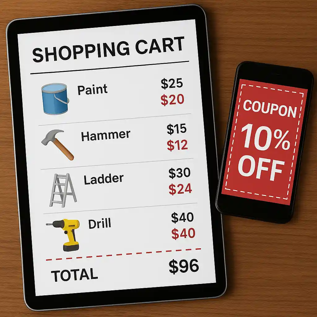 Tablet shopping cart with discounts and coupons visible, representing coupon stacking choices