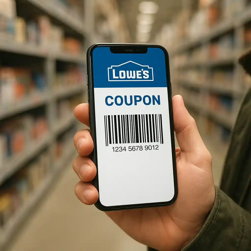 Mobile coupon open in Lowe's app showing barcode for Lowes promo code 2026 on a phone screen