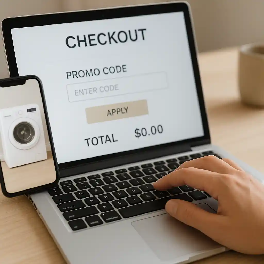 Typing a lowes promo code 2026 into an online checkout on a laptop with an appliance image visible on a phone