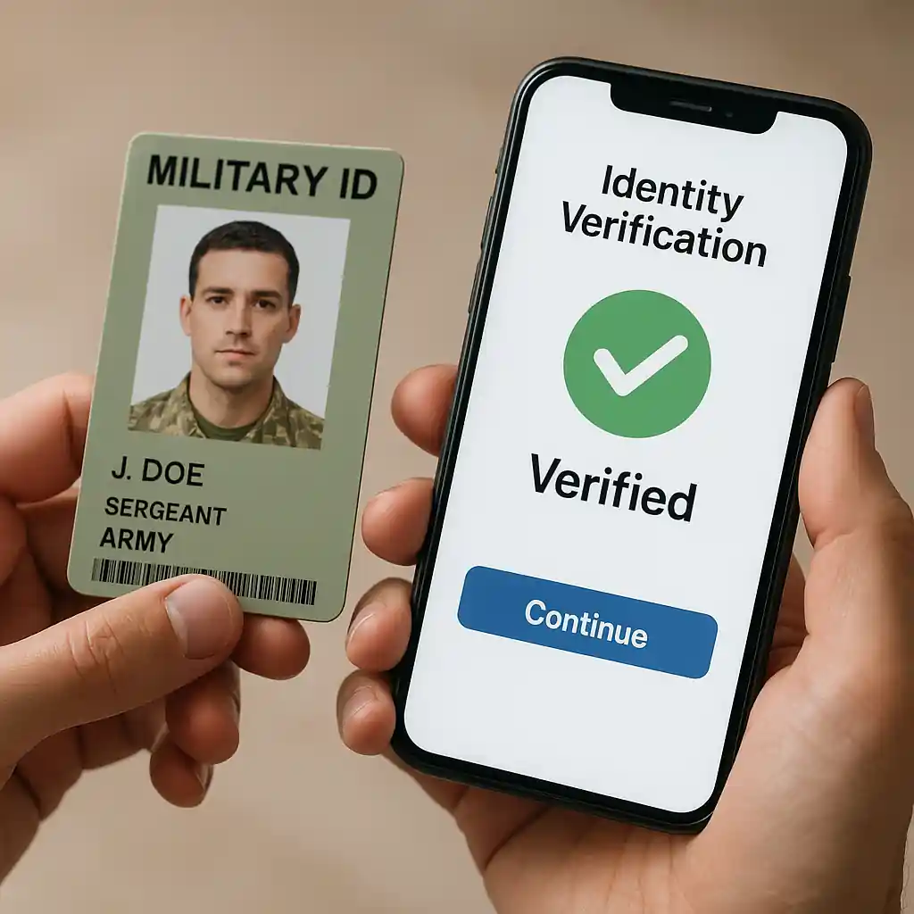Close-up of military ID and phone during online verification