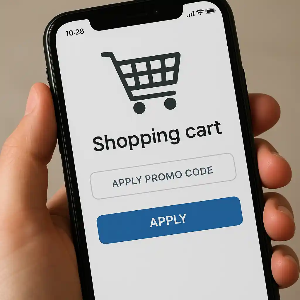 Mobile screen with Home Depot cart open and promo code input visible