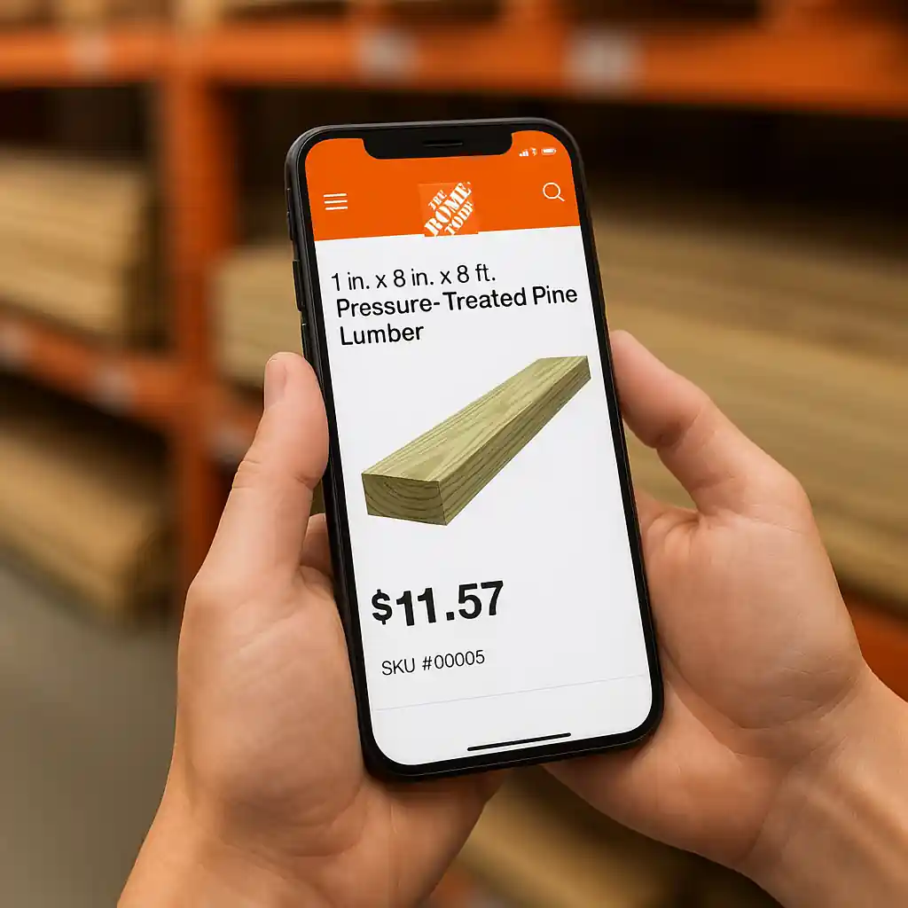Phone screen displaying a Home Depot product page with SKU and price