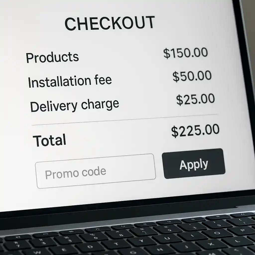 Laptop checkout page displaying product lines and a separate installation charge