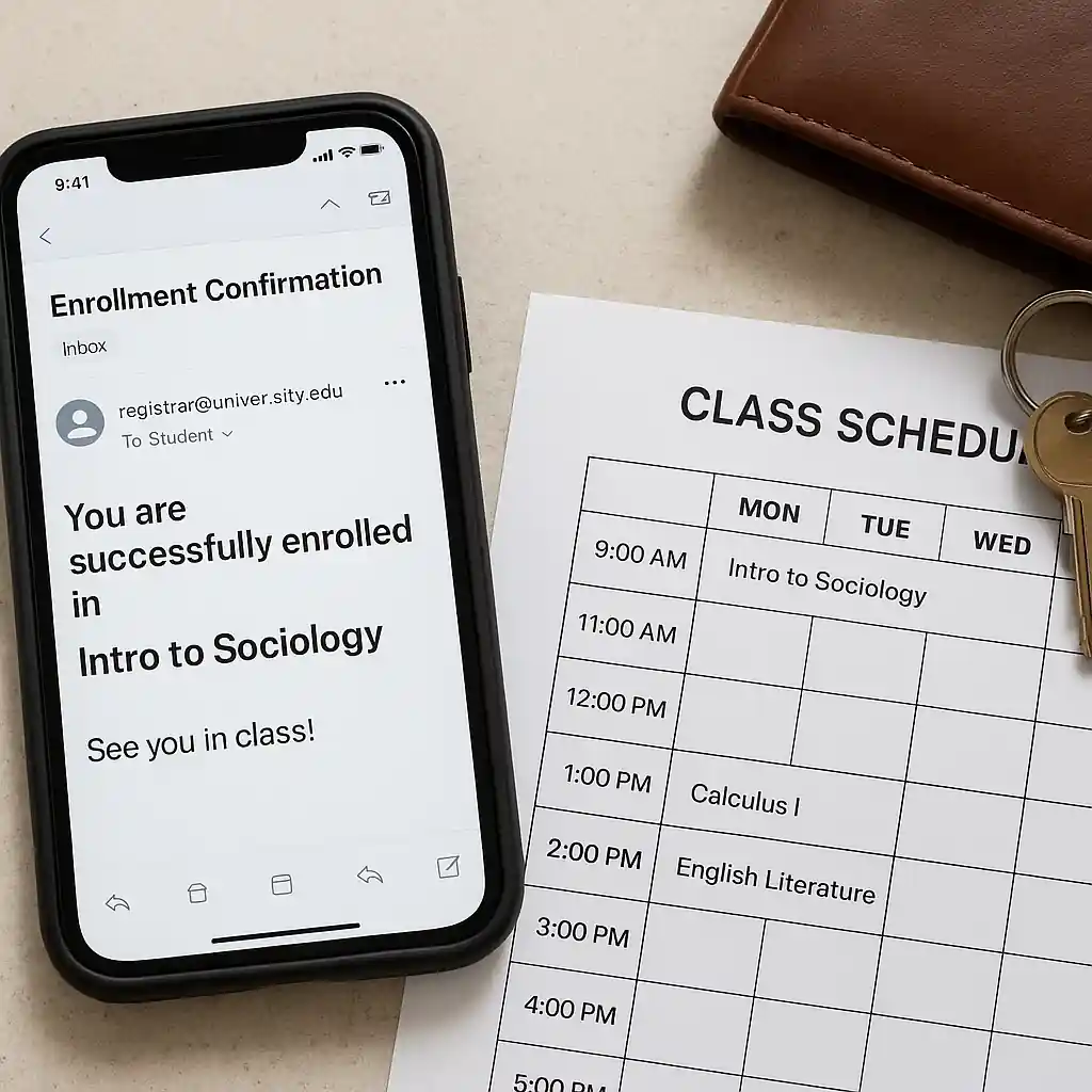 Phone with an enrollment confirmation and a printed class schedule on a store counter