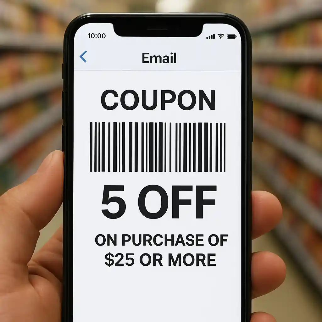 Mobile coupon on a smartphone screen showing a barcode and terms