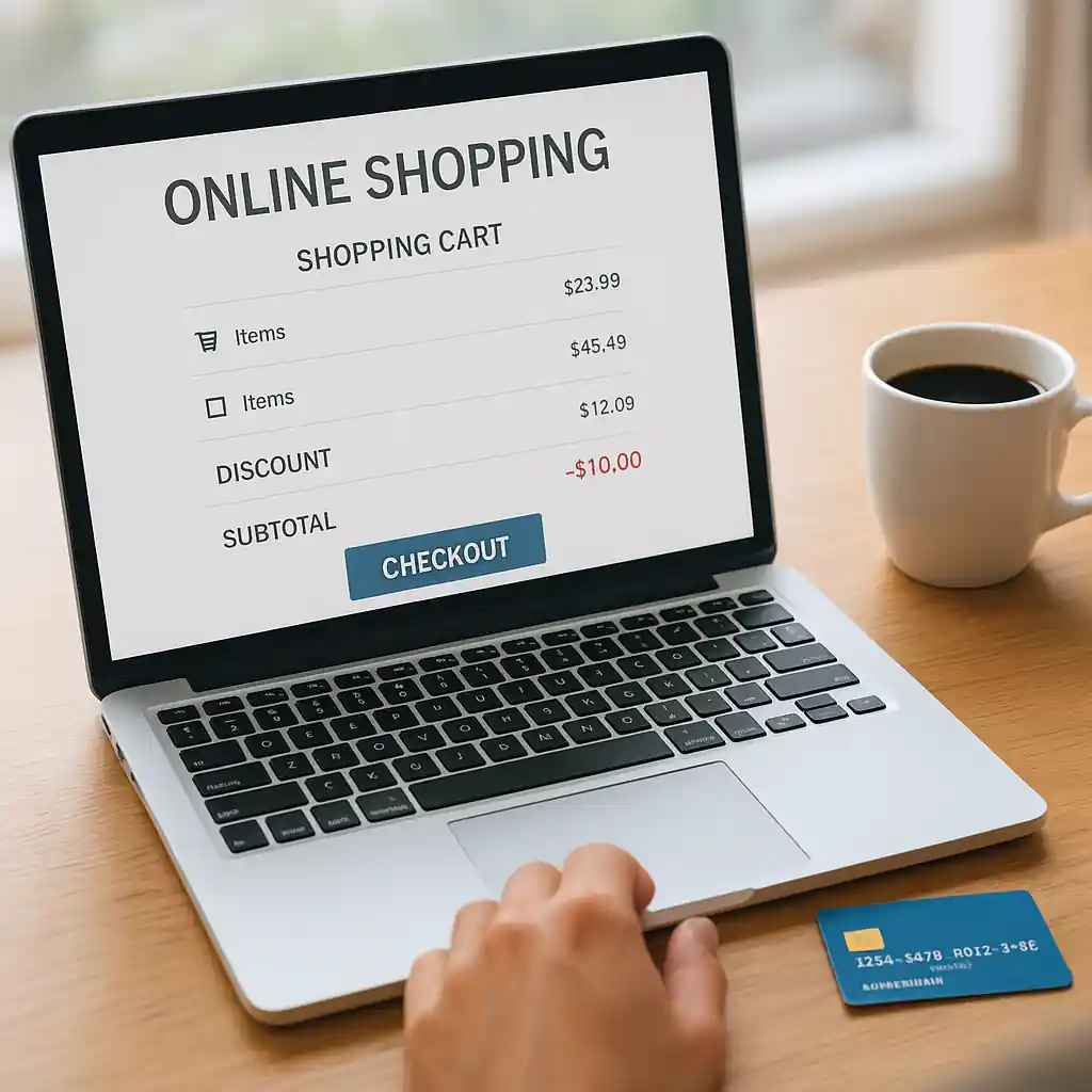 Laptop screen showing a Lowes cart with promo code box and discount applied