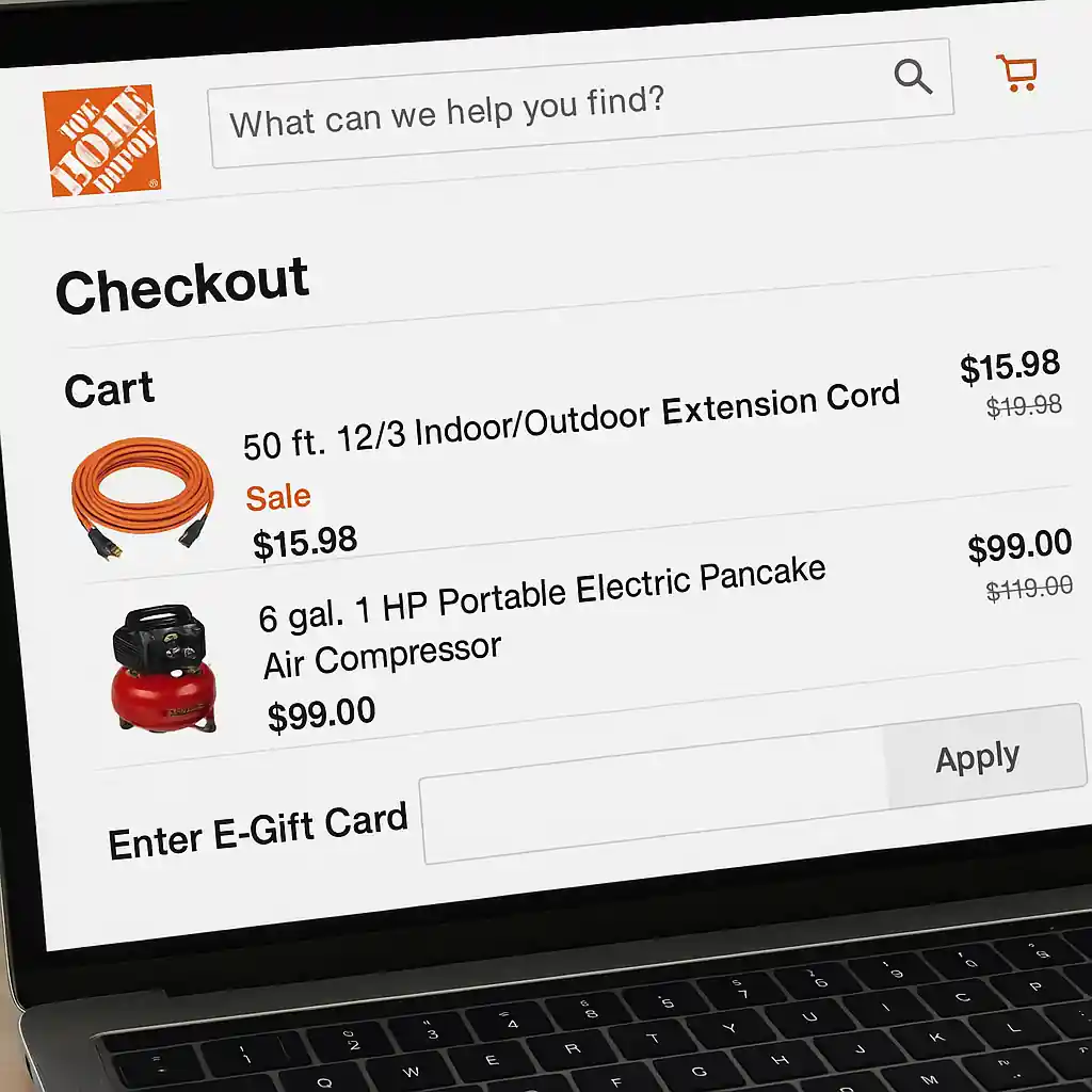 Laptop screen showing Home Depot cart with Labor Day sale prices and e-gift card entry field