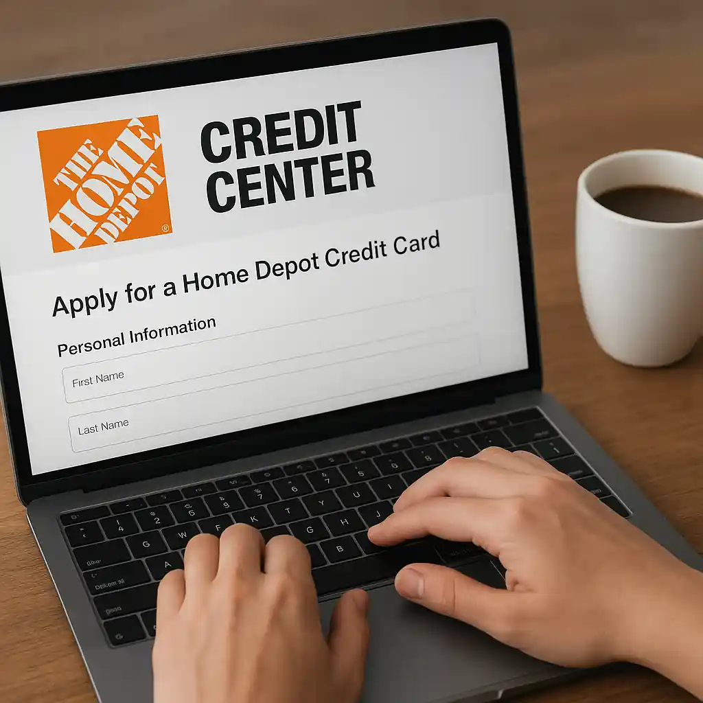 Applying for Home Depot credit online on a laptop at a kitchen table