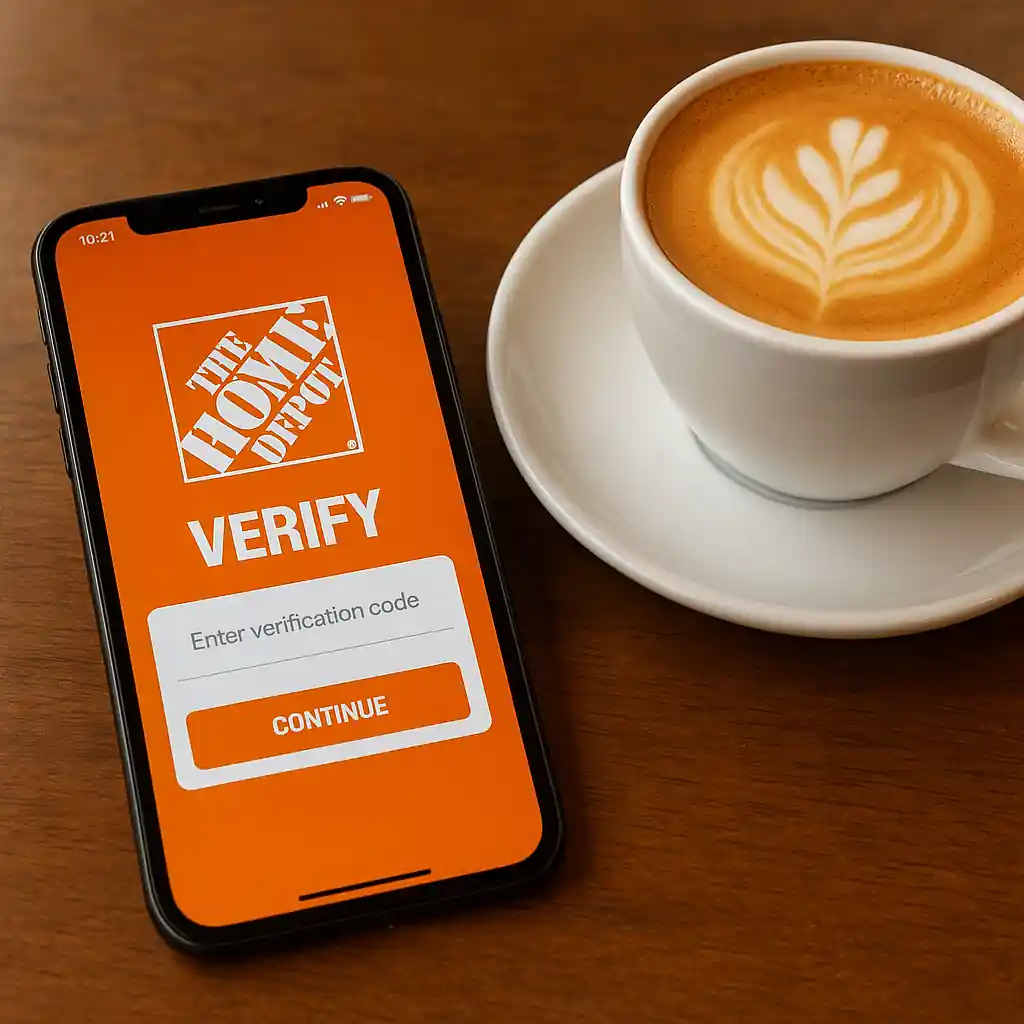 Mobile phone on a table displaying the Home Depot app verification screen