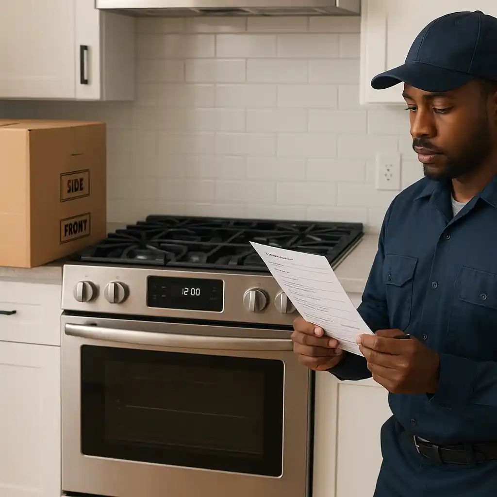 New stainless steel range in kitchen with technician checking an installation checklist