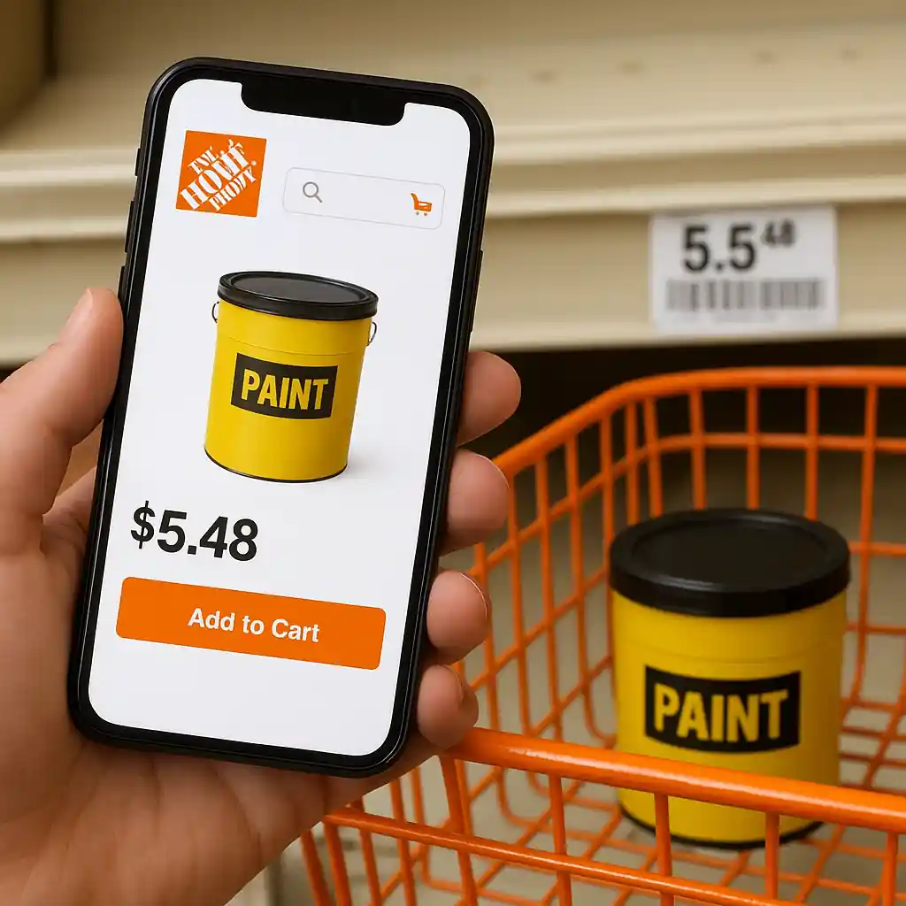 Phone screen showing a Home Depot product page and cart while standing in front of the store shelf