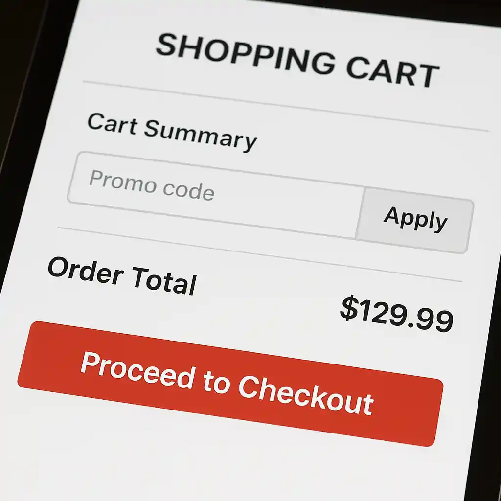 Tablet screen showing an online cart summary and promo code entry field