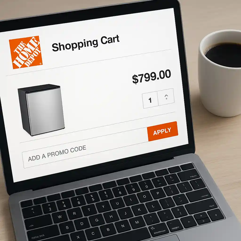 Laptop cart page displaying an appliance and a promo code field before checkout