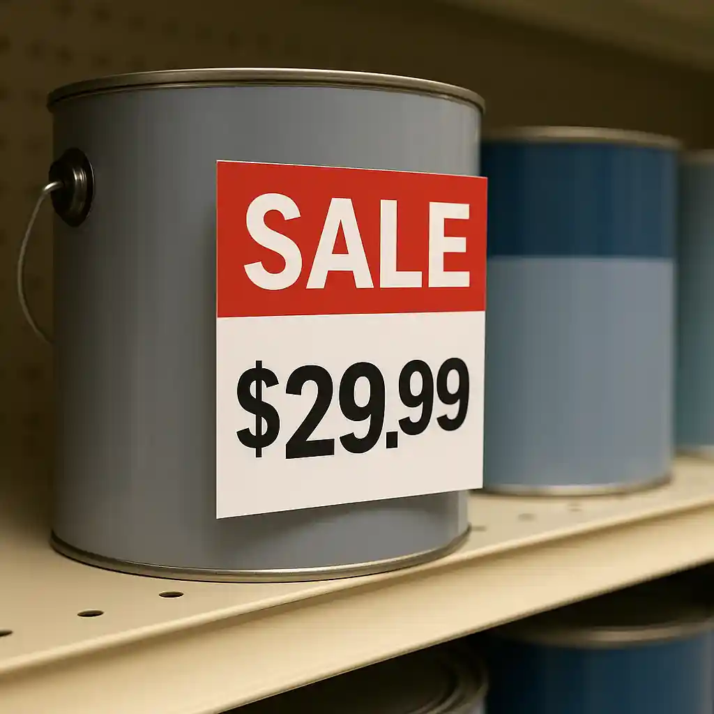 Sale price tag on a paint can on a Home Depot shelf showing a discounted price