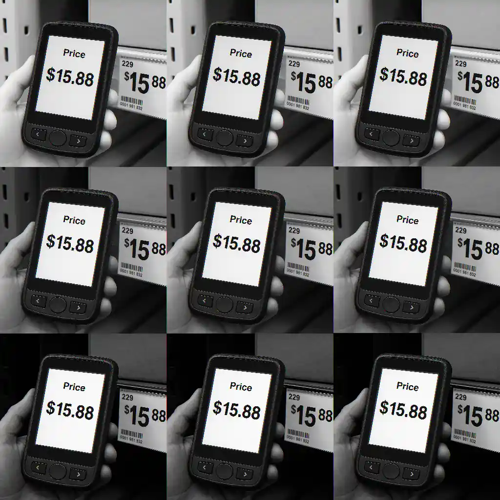 Close-up of a price-check kiosk screen next to a shelf tag