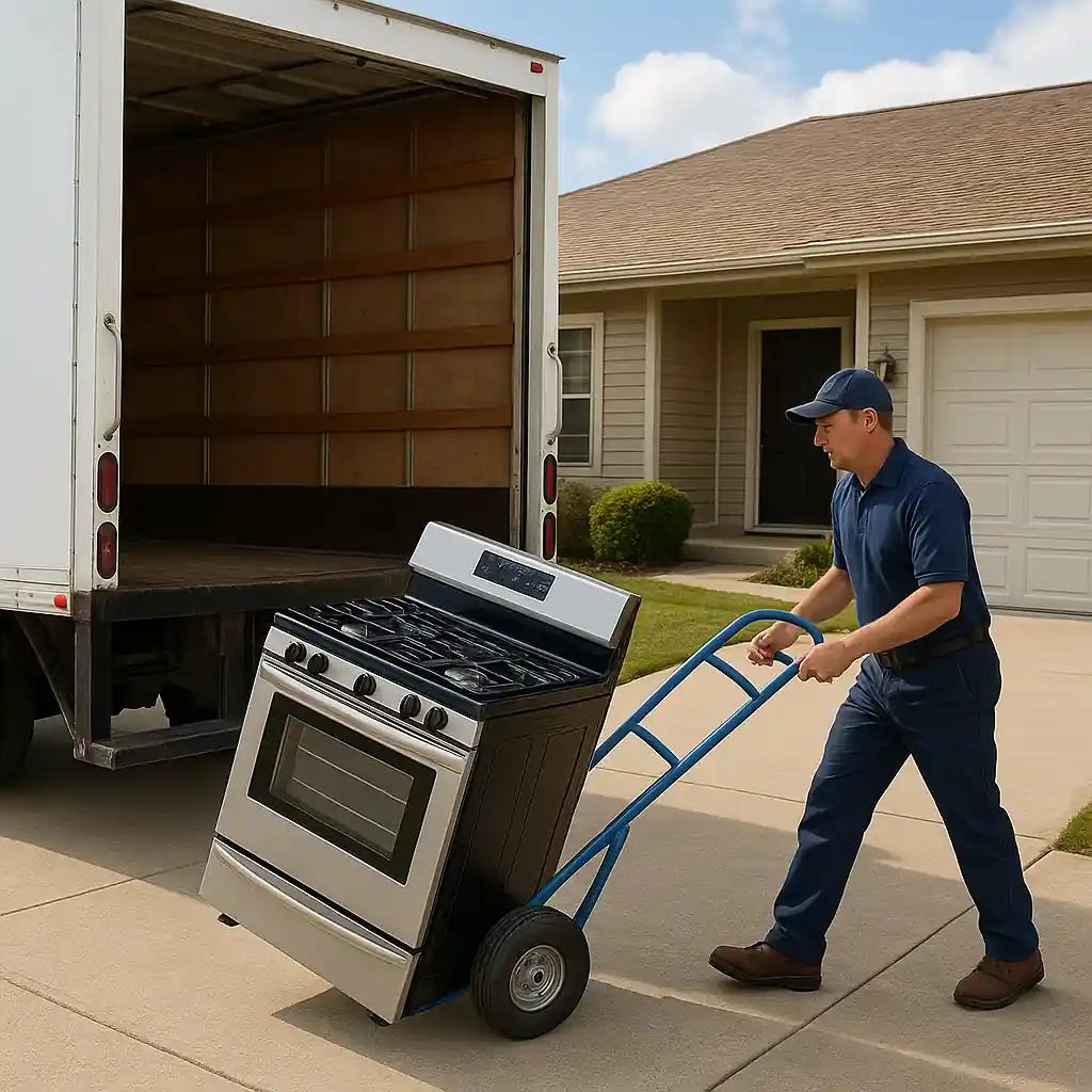 Delivery technician unloading a large appliance from a truck at a suburban home's driveway using a dolly
