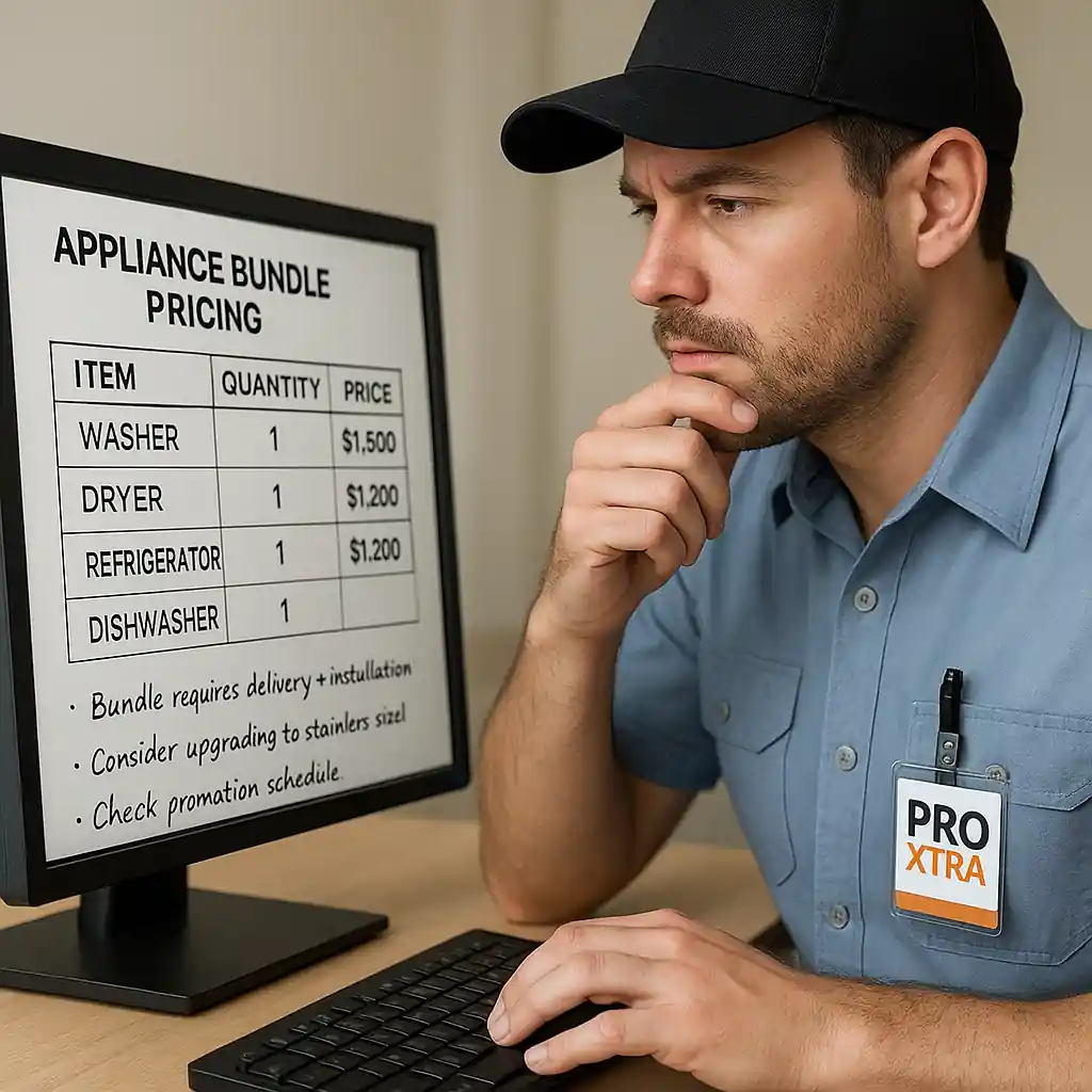 Contractor reviewing Pro Xtra pricing and appliance bundle on a laptop