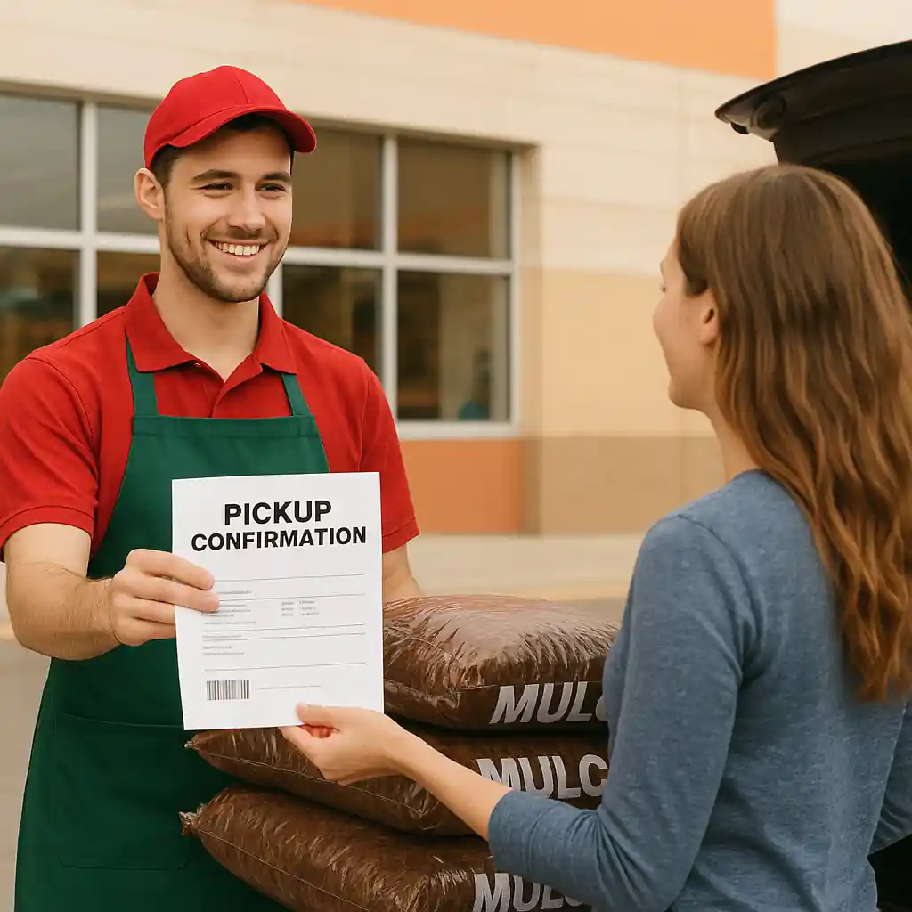 Store employee handing mulch order pickup confirmation and bags at curbside