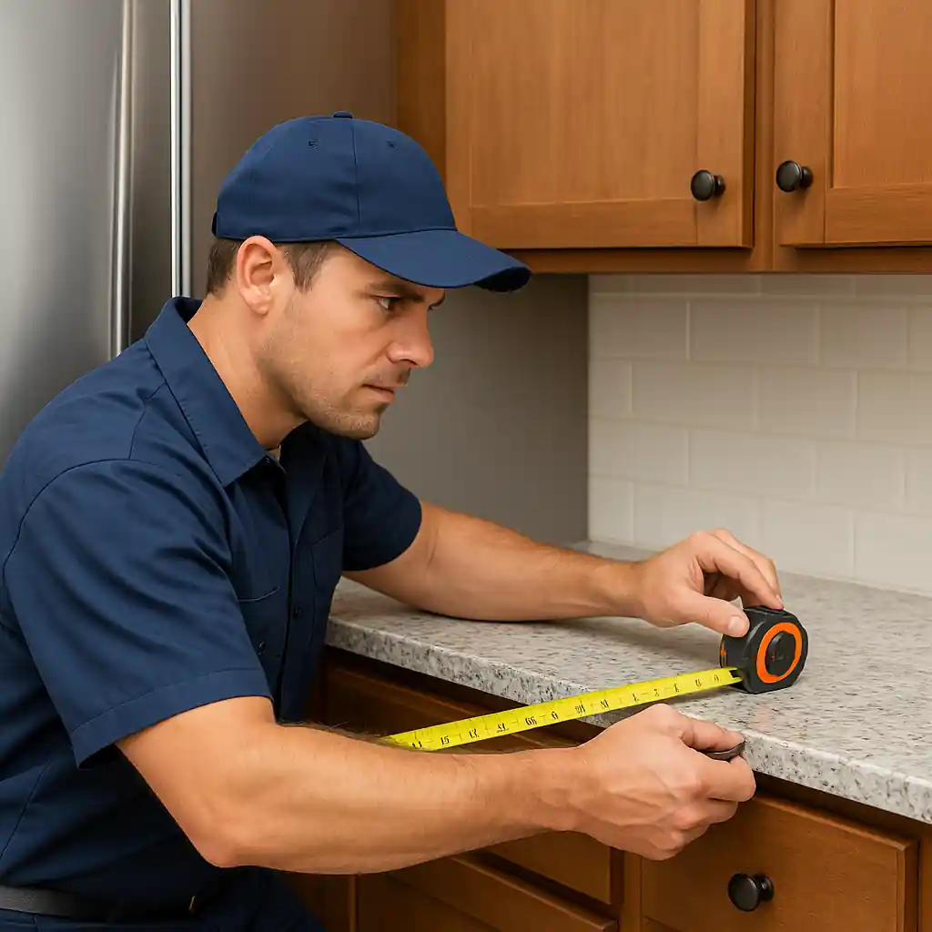 Installer measuring a kitchen area for a stove installation with a tape measure