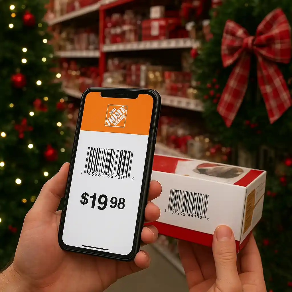 Using the Home Depot app to scan a barcode in the Christmas clearance aisle