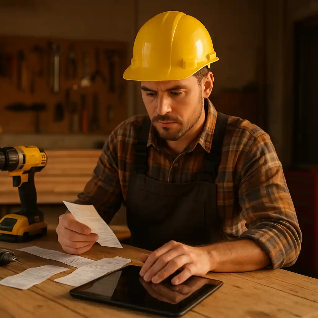 Contractor checking receipts and tablet in a workshop surrounded by tools