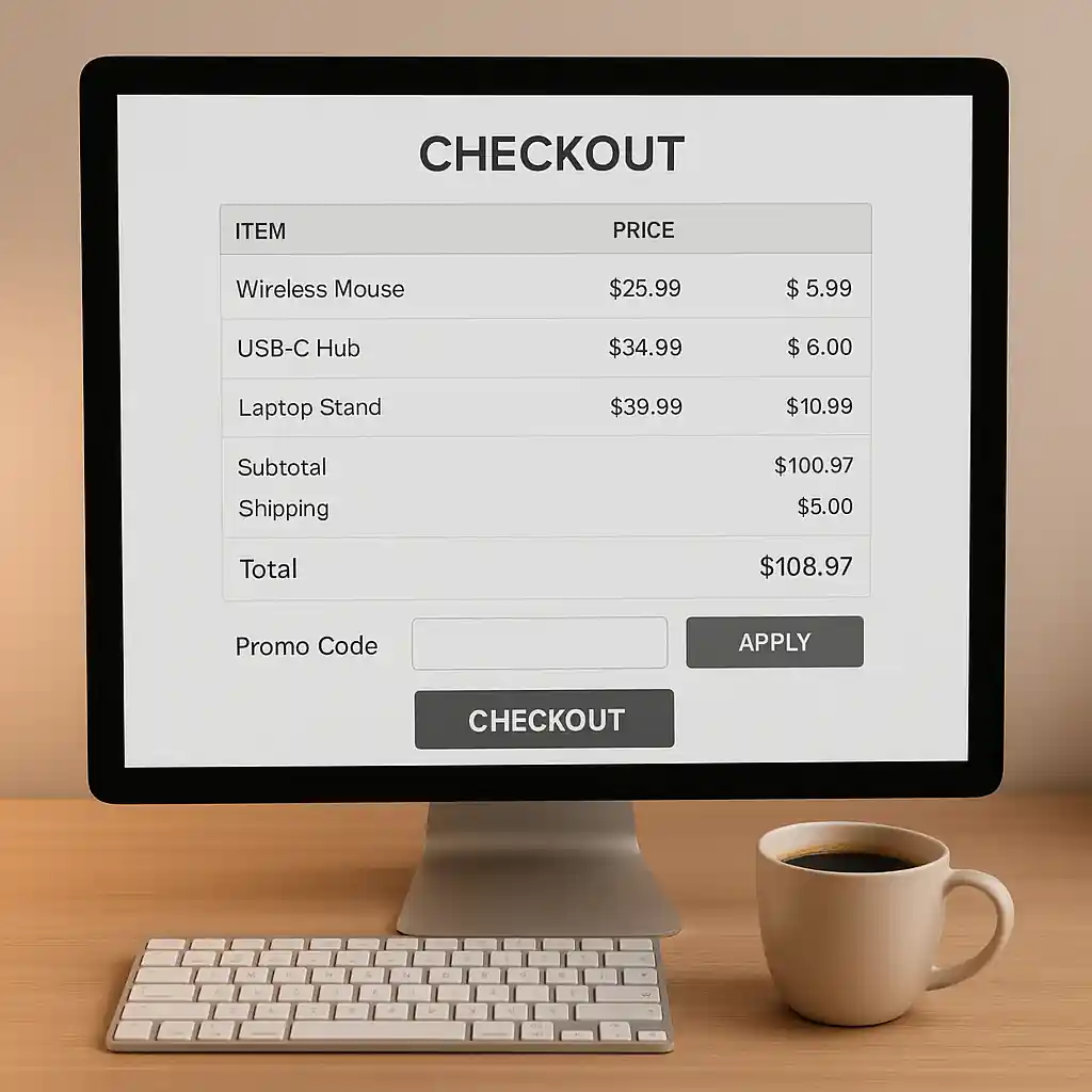 Online checkout screen showing promo code field and itemized cart