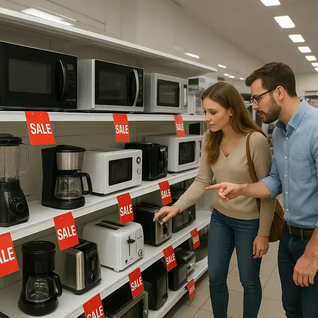 Appliances on display with sale tags and customers comparing options