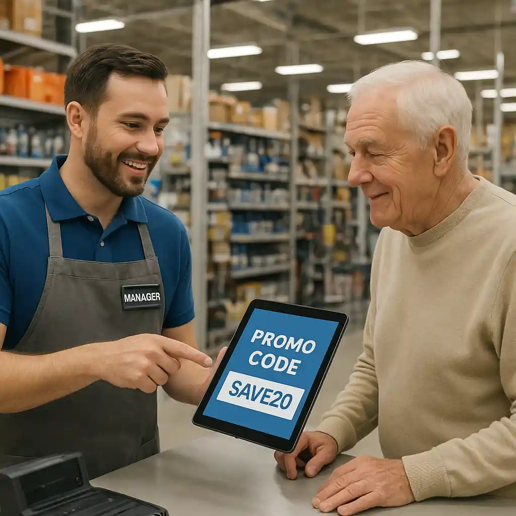 Store manager reviewing a discount on a tablet with a senior customer at the register