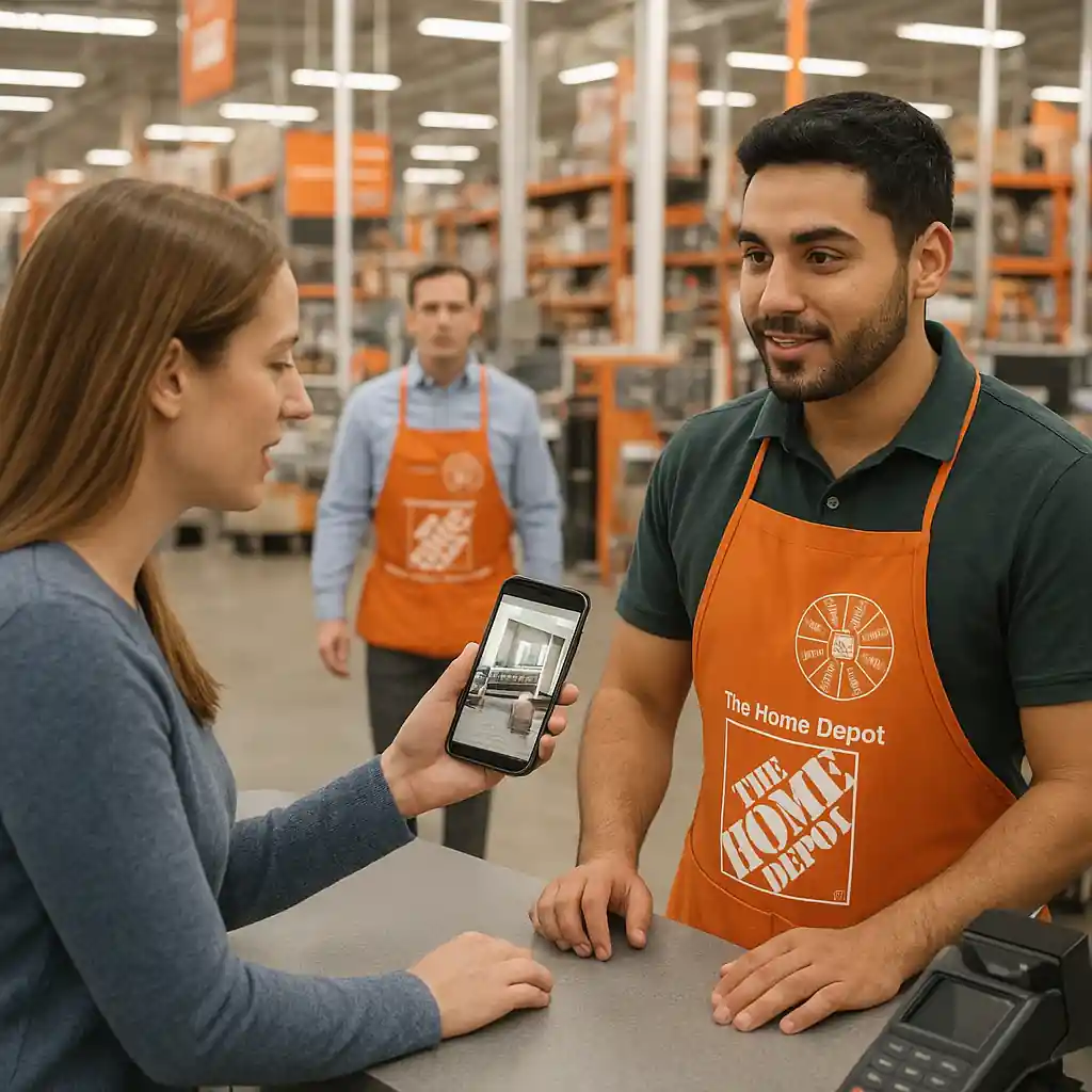 Customer showing evidence on a phone to a Home Depot cashier at the register