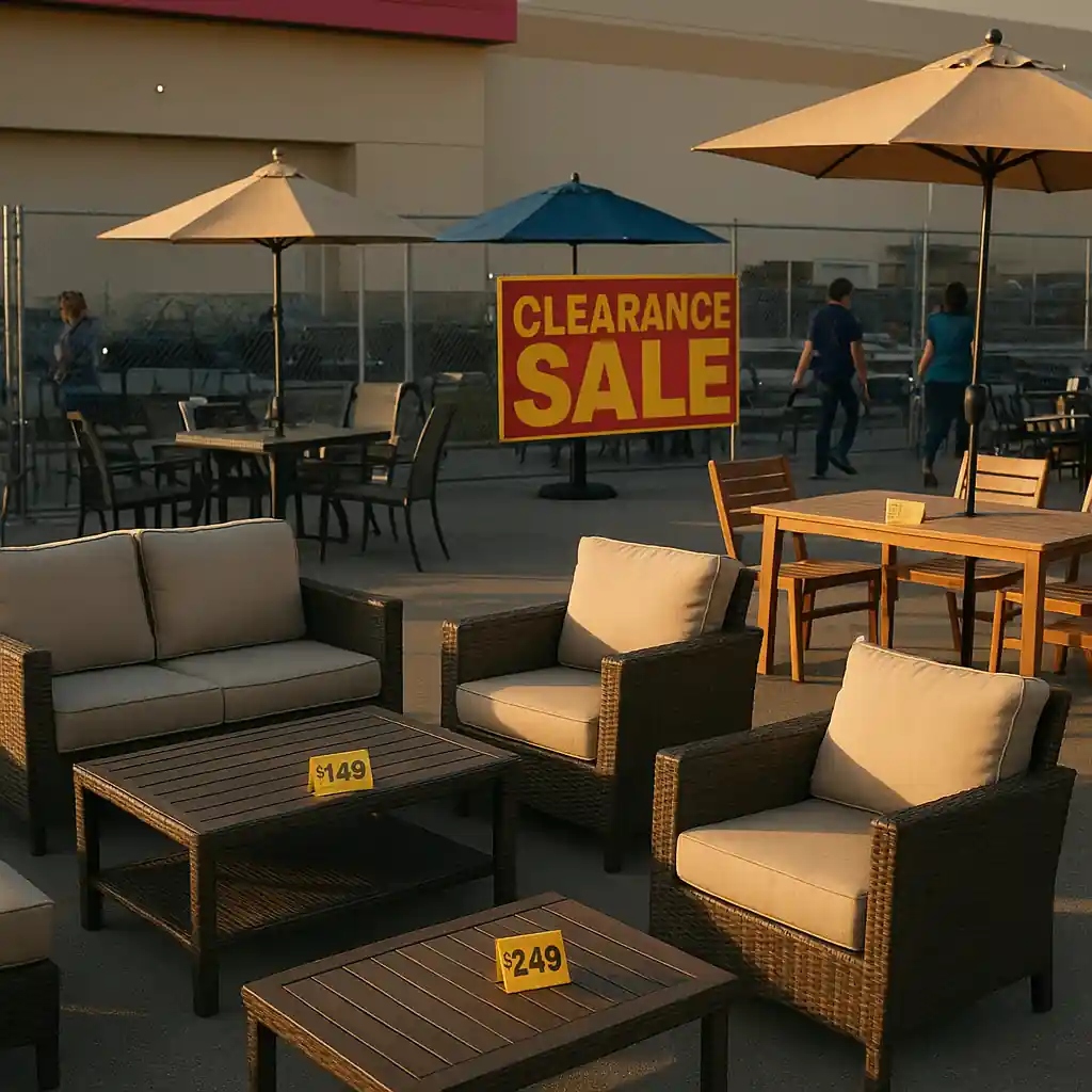 Patio furniture on clearance display at a store lot