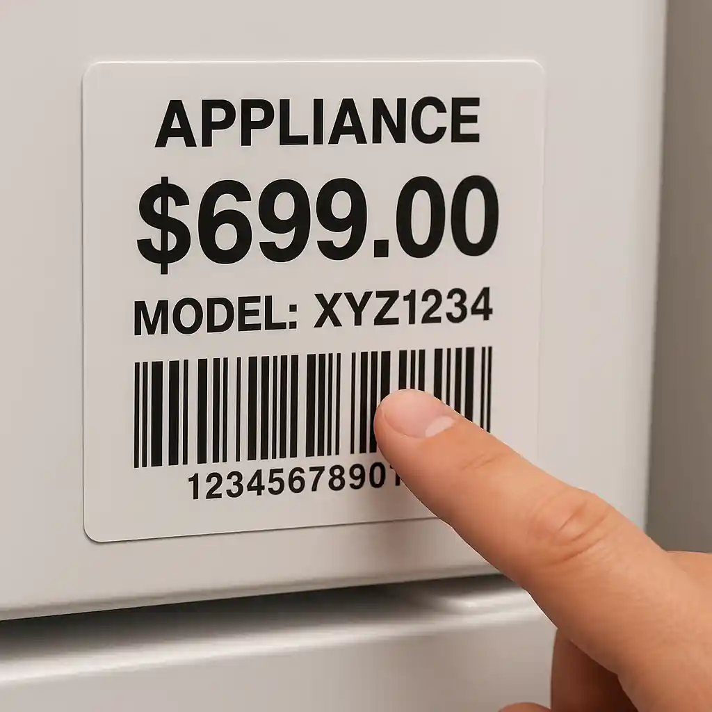 Close-up of appliance price tag and model number on a showroom refrigerator