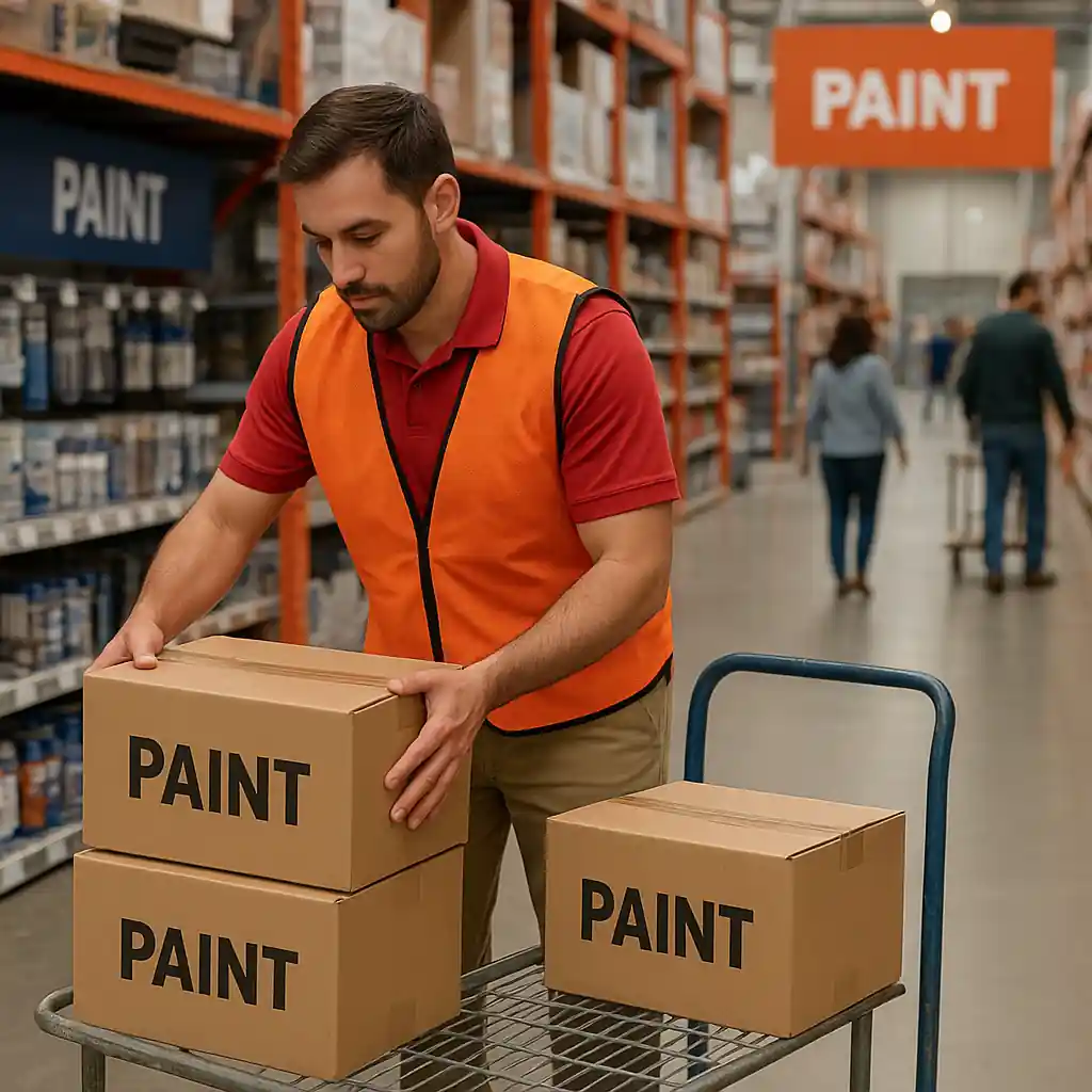 Store associate moving boxed paint on a cart in a Home Depot aisle