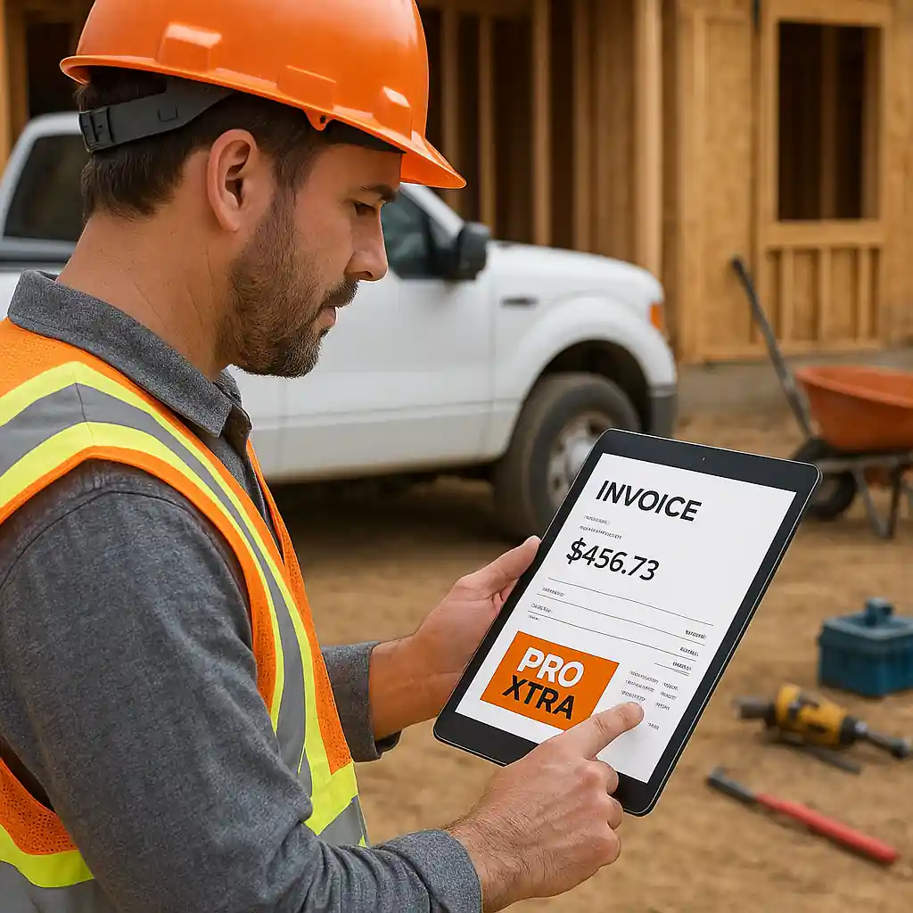 Contractor reviewing a Pro Xtra invoice on a tablet at a job site