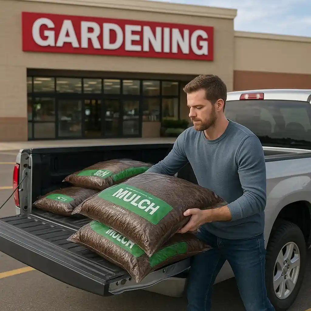 Person loading mulch bags into a pickup truck at a store parking lot