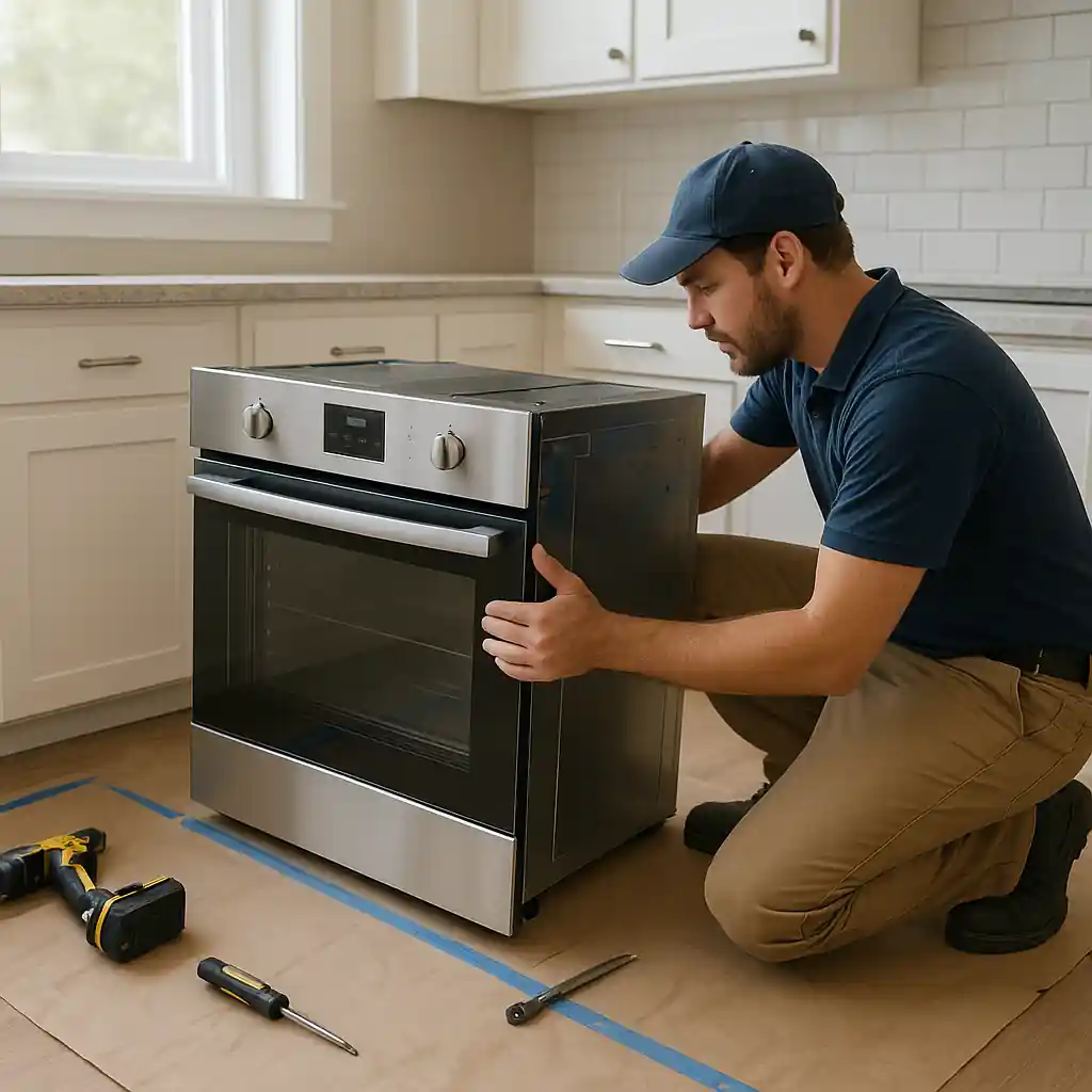 Appliance technician fitting a built-in oven during installation