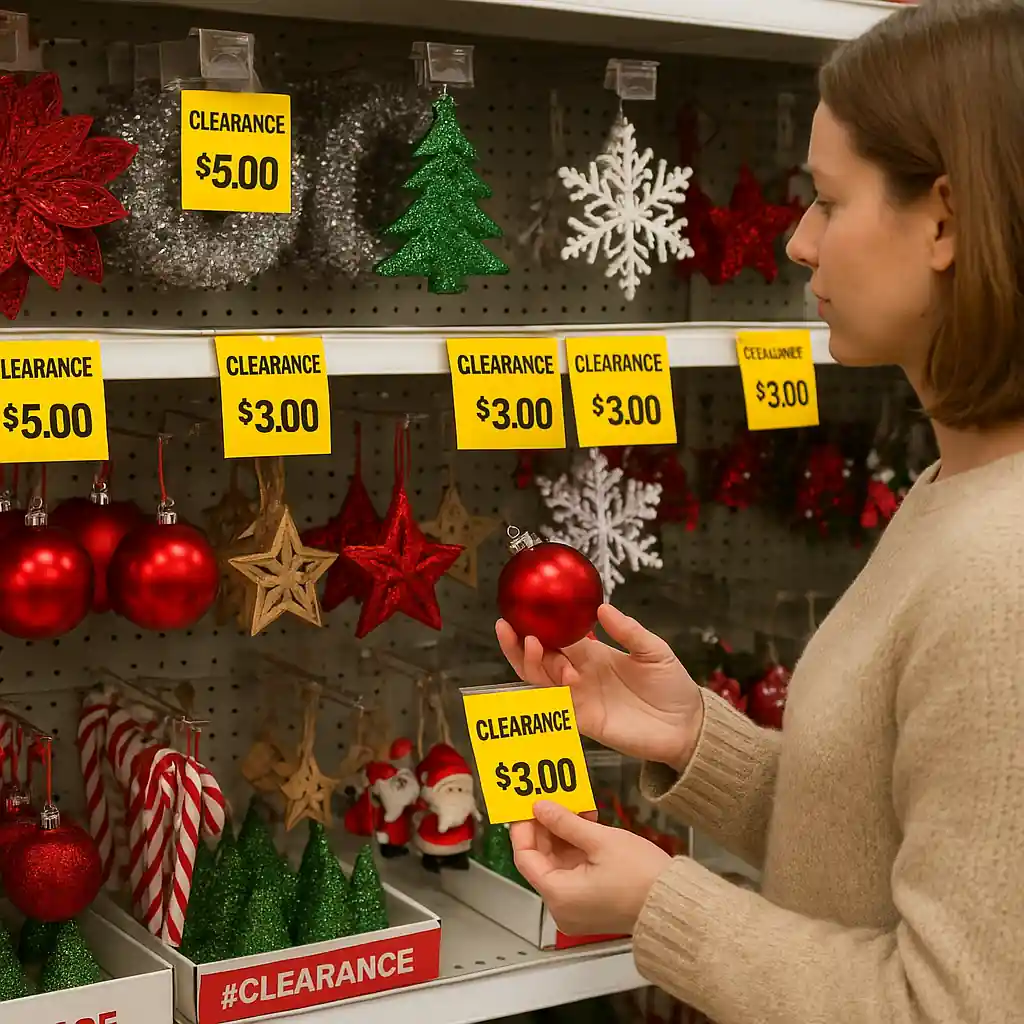 Store aisle showing holiday clearance items with clearance labels and price stickers