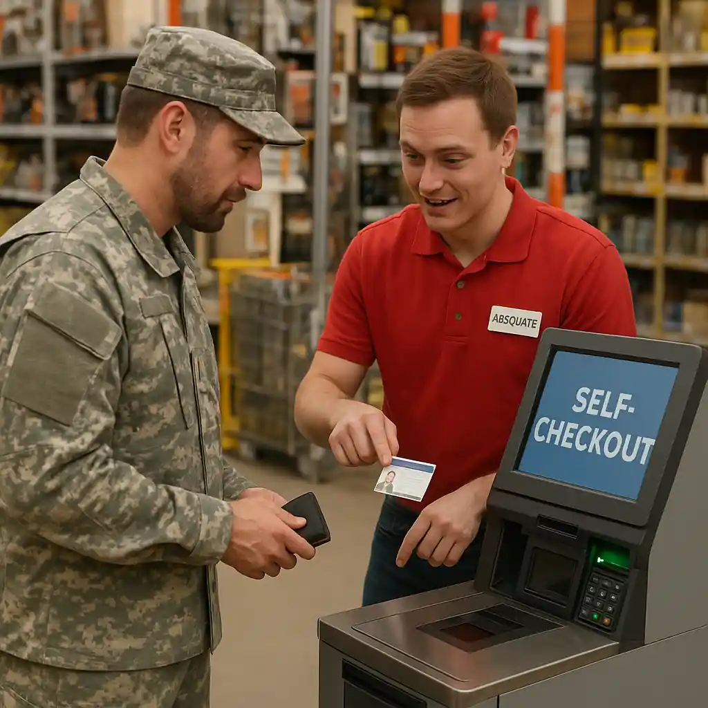 Store associate verifying military ID at a Home Depot self-checkout kiosk