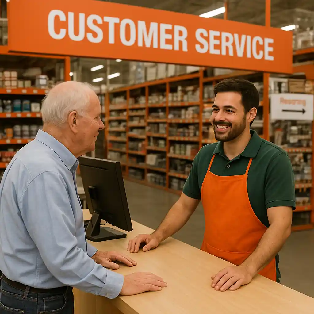 Store associate helping a senior shopper verify a coupon at the customer service desk